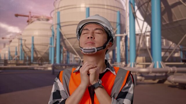 Close Up Of Asian Male Engineer With Safety Helmet Pray For Something While Standing With Spherical Propane Tanks with Fuel Gas Pipelines