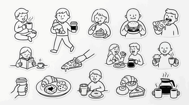 Cartoon line art stickers set featuring people enjoying coffee, tea, breakfast pastries, pizza, burgers, and sweets in a minimal black and white doodle style