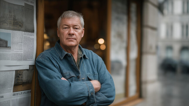 Older male entrepreneur standing in front of shuttered storefront plastered with old press clippings about his former company, arms crossed, determined expression, rain falling on