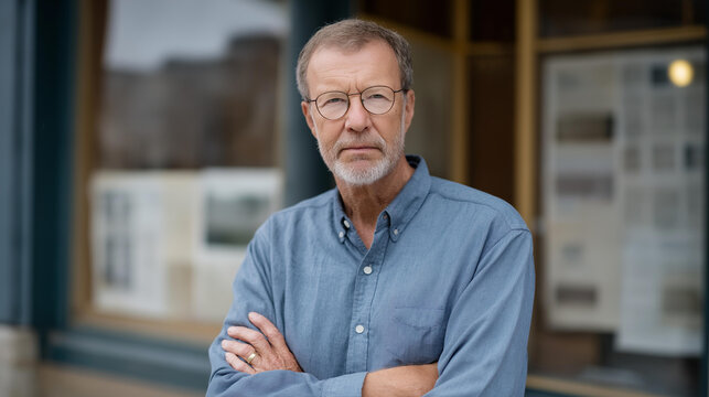 Older male entrepreneur standing in front of shuttered storefront plastered with old press clippings about his former company, arms crossed, determined expression, rain falling on