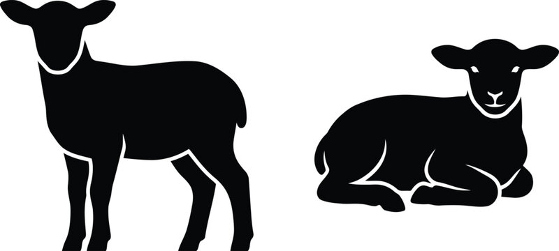 black and white illustration of two lambs one standing and one lying down