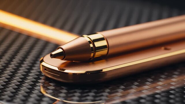 Elegant Rose Gold Stylus Pen Resting on a Matching Tablet Device on Carbon Fiber Surface