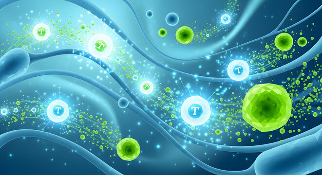 Vibrant green and blue cells float in a wavy liquid environment with glowing particles and bubbles under a microscopic view.