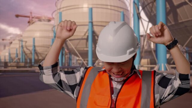Close Up Of Asian Male Engineer With Safety Helmet Screaming Goal And Dancing Celebrating With Spherical Propane Tanks with Fuel Gas Pipelines