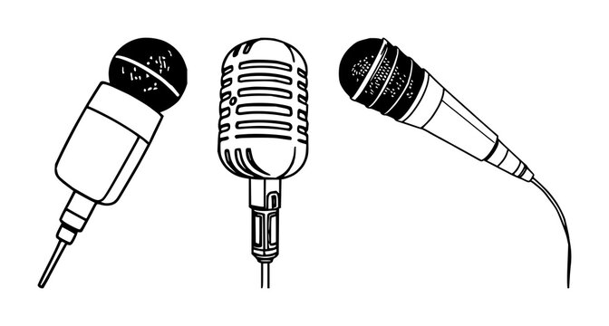 Microphone set with black line art on white background, simple and minimalist illustration featuring microphone, audio, music with recording and sound