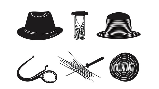 Six black and white illustrations of a hat, test tube, hat, pince-nez, bundle of sticks, and a round object