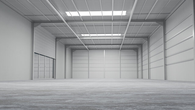 Empty industrial warehouse interior with metal structure and large open space 3D render