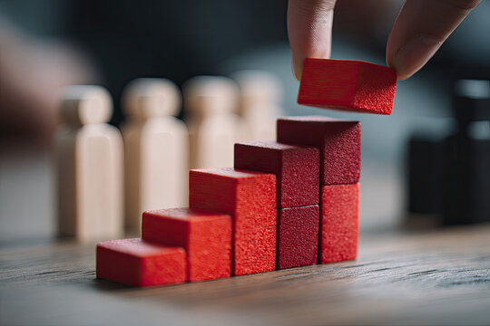 Concept of building success foundation. Women hand put red wooden block in the shape of a staircase 