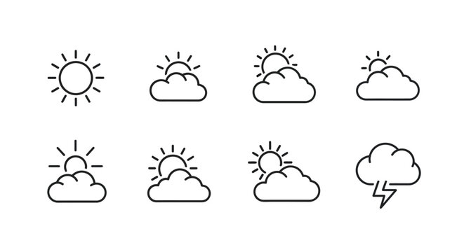 Minimalist weather forecast icons depicting sun, clouds, and diverse atmospheric conditions