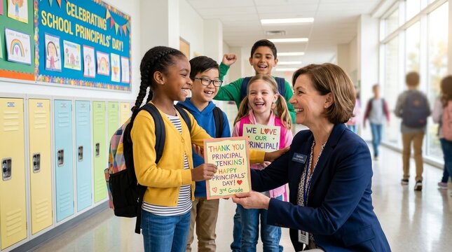 Caring School Principal Receiving a Handmade Appreciation Card from Happy Diverse Students in a Bright Hallway, School Principals' Day Concept