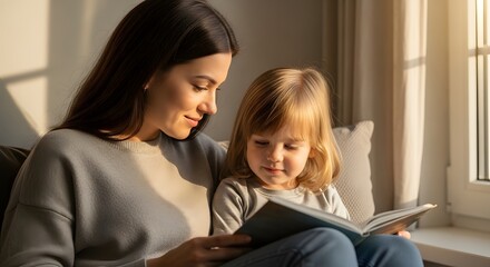 Obraz premium A woman and a little girl sitting on a couch reading a book together by a sunny window with warm tones.
