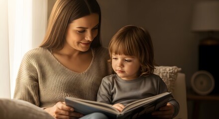 Obraz premium A woman and a young child sitting on a couch reading a book together in a cozy indoor setting with warm lighting.