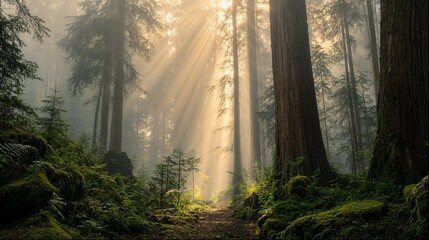 Obraz premium Sun rays through misty redwood forest with mossy ground