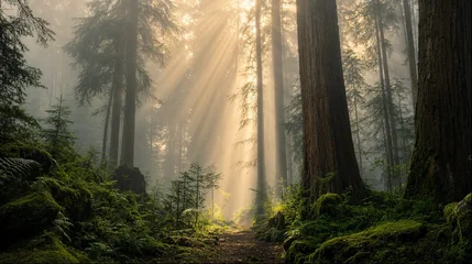 Fotobehang Bos Sun rays through misty redwood forest with mossy ground  © Fotkrat