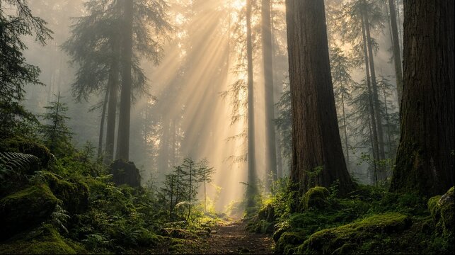 Sun rays through misty redwood forest with mossy ground