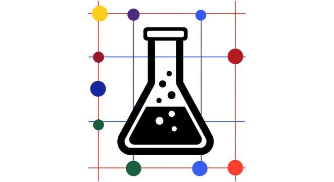 Scientific flask illustration with colorful grid and spherical markers on white background