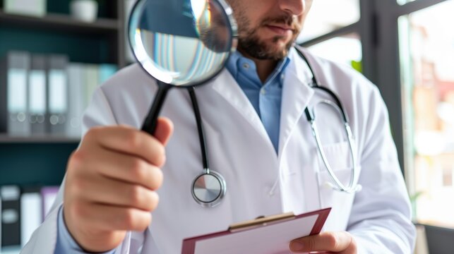 Morgellons disease:Dermatologist in white coat carefully examining patient skin with magnifying glass, bright clinical office, natural window light