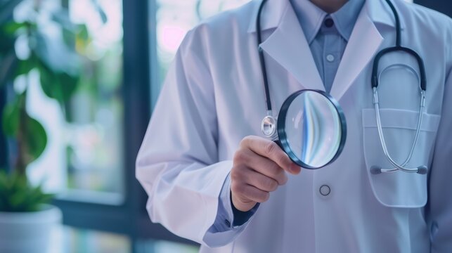 Morgellons disease:Dermatologist in white coat carefully examining patient skin with magnifying glass, bright clinical office, natural window light