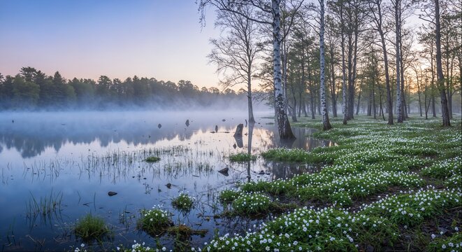 Misty spring forest pond with white wood anemones at dawn
