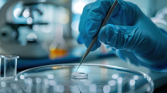 Morgellons disease:Medical professional carefully collecting skin sample with sterile tweezers placing it on glass slide, extreme close-up