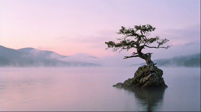 Lone bonsai tree on rock in misty mountain lake at dawn