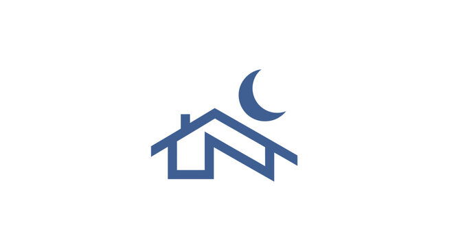 Minimalist Blue Home Symbol with Crescent Moon Against White Background without commas