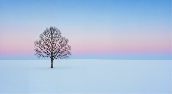 Lone bare tree in snow field at pastel pink winter twilight
