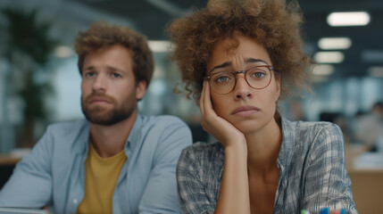 Fototapeta premium Multicultural founding team at cramped accountant office reviewing payroll they cannot cover, expressions tense, one team member visibly near tears, calculator and highlighters