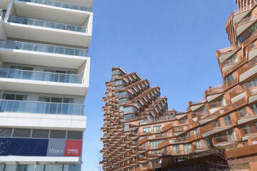 Naklejka premium (left) Aquabella and (right) Aqualuna condominiums at the edge of East Bayfront, Merchants' Wharf, Toronto