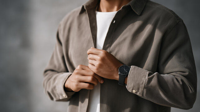 Person with a medical ID bracelet buttoning a work shirt over visible fatigue, minimalist studio backdrop in muted gray, no outward signs of illness visible, ideal for invisible