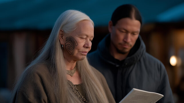 Over the shoulder view of an elderly Māori woman showing her moko kauae facial tattoo meaning to a young student holding an illustrated cultural guide, twilight blue hour light,