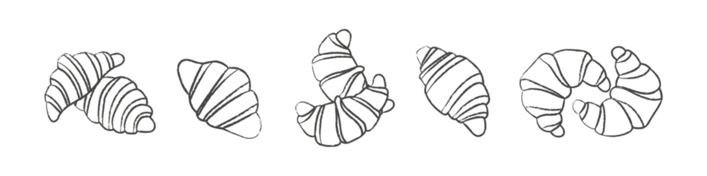 Hand drawn croissant outline set with varied pastry shapes for bakery menu design packaging branding and cafe illustration collection