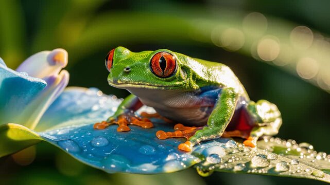 Vibrant Red-Eyed Tree Frog Resting on a Dewy Leaf in a Lush Tropical Forest, Close Up