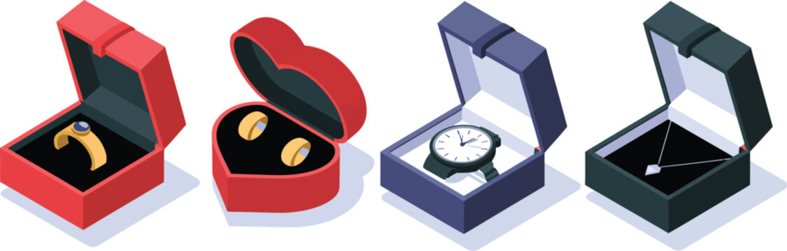 Jewelry display icons illustration set, generic isometric watches and accessories in 3D perspective boxes for retail mockup packaging and catalog design.