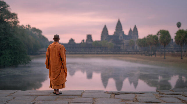 Wide establishing twilight view of Angkor Wat temple spires reflecting in still moat water, a solitary monk sweeping stone steps, mist rising from jungle edges, ideal for UNESCO