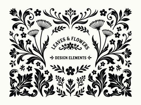 Vintage floral ornamental design elements black and white vector