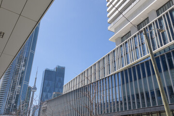 Fototapeta premium looking west from Sugar Wharf Condominiums to CIBC Square, SkyTower, and CNTower, Toronto
