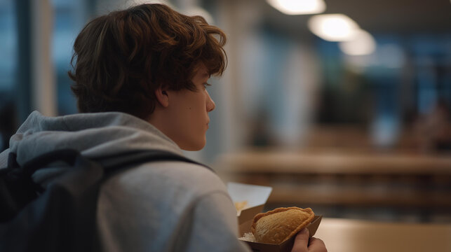 Third culture teenager sitting alone at a school cafeteria table eating Korean rice alongside a Peruvian empanada from the same lunchbox, over the shoulder framing, fluorescent