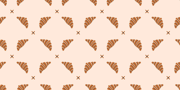 Seamless croissant pattern with decorative pastry symbols for bakery branding packaging textile print and cafe menu background design