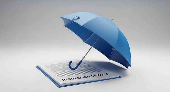 Blue insurance policy document with paperclip and pen on table