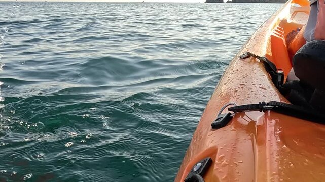 Kayaking ocean paddling, person's arm dips orange paddle into tranquil sea, leisure travel adventure