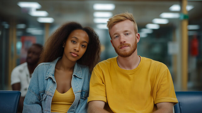 Interracial couple at immigration office waiting room, forms on laps, his hand over hers, fluorescent lights overhead, other couples in background equally strained, perfect for