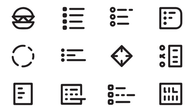 Essential bullet list and navigation drawer icons for document management systems and mobile apps ui.