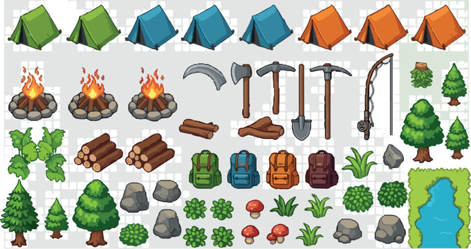 Isometric camping icons set, outdoor adventure equipment and nature elements, survival gear vector collection for game design and maps