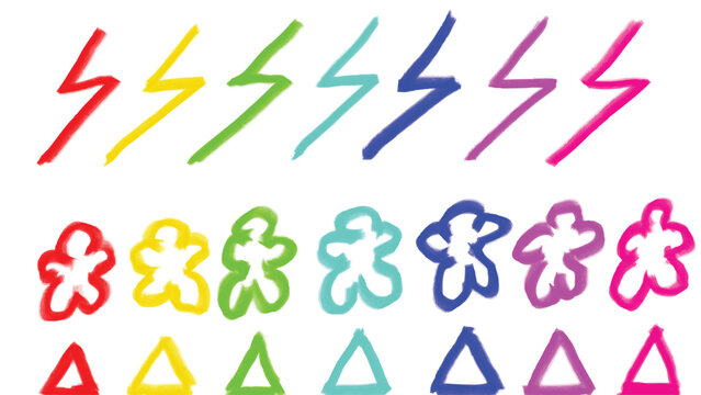 Collection of colorful crayon box doodle shapes including lightning bolts, flower forms, and triangle outlines on transparent background. Ideal for creative design and digital art projects