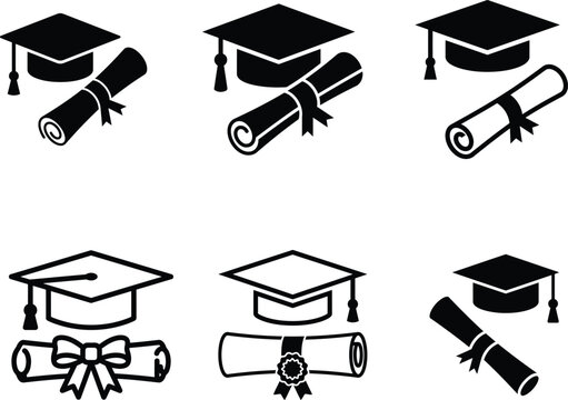Graduation caps and diplomas icons set for education and academic achievements