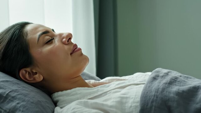 Peaceful Young Woman Sleeping Soundly in Bed in a Bright Bedroom