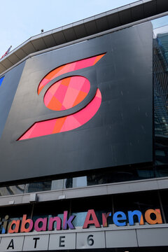 The bank of Nova Scotia corporate logo sign outside Scotiabank Arena, Toronto