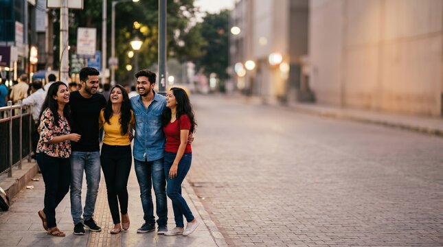 Millennial friend group enjoying weekend nightlife walk in downtown metropolis