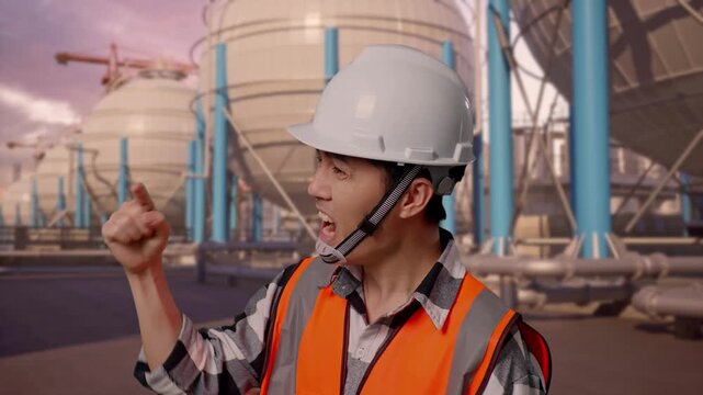 Close Up Side View Of Angry Asian Male Engineer With Safety Helmet Shouting At Someone While Standing With Spherical Propane Tanks with Fuel Gas Pipelines